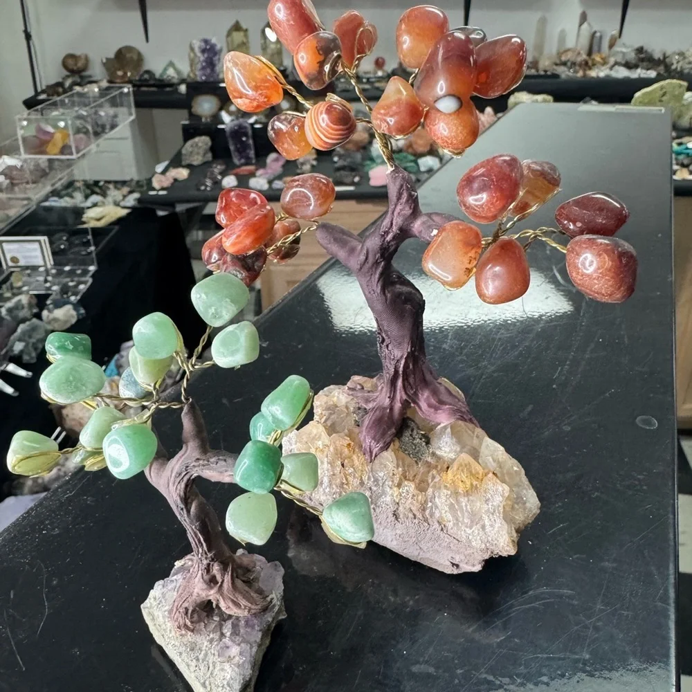 Crystal gem tree set. Green aventurine and carnelian. on an amethyst base.